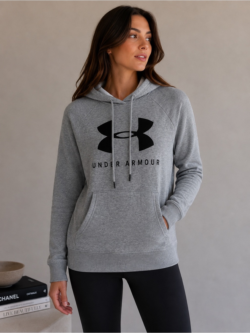 Under Armour Relaxed fit hoodie grey black logo cotton blend size S